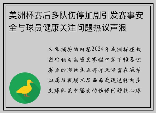 美洲杯赛后多队伤停加剧引发赛事安全与球员健康关注问题热议声浪
